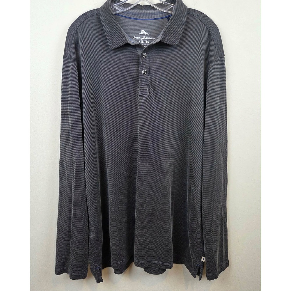 Tommy Bahama Mens XXL Long Sleeve Polo Shirt Gray Micro Stripe Tencel ST226213RA